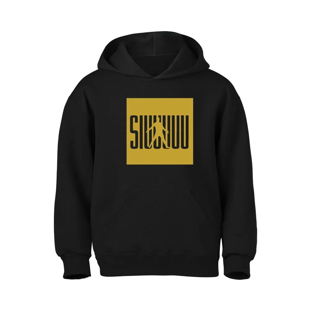 Kids' Cristiano Ronaldo Siuuuuuu Fashion Cotton Pullover Hoodie with Kangaroo Pocket - Youth Sweater - Black/Gold