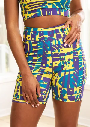 Kimba Women's African Print Biker Shorts (Neon Tropical Stamps)