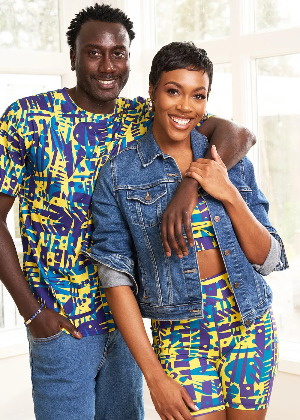 Kimba Women's African Print Biker Shorts (Neon Tropical Stamps)