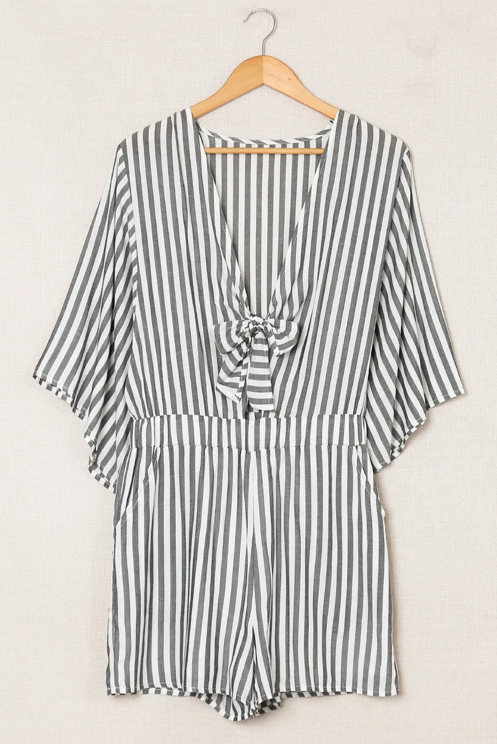 Kimono Sleeves Tie Front Striped Romper