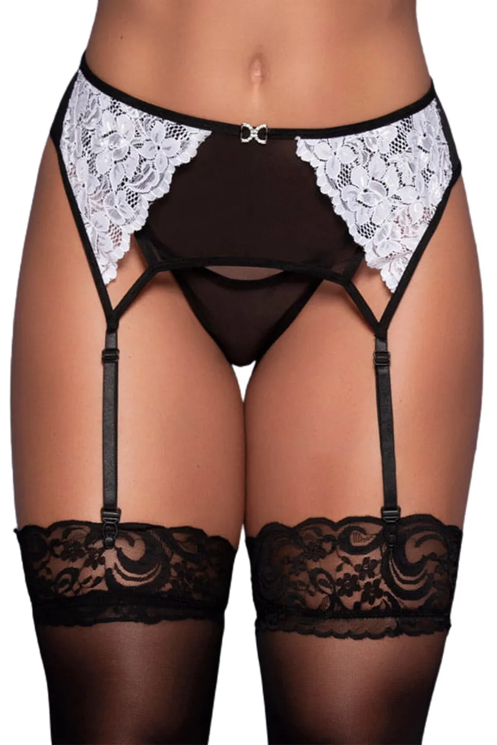Lace Mesh Color Block Garter Belt Stocking With Thong