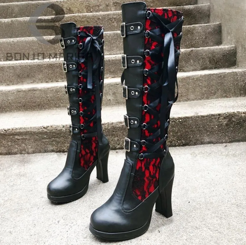 Lace Up Chunky High Heel Boots