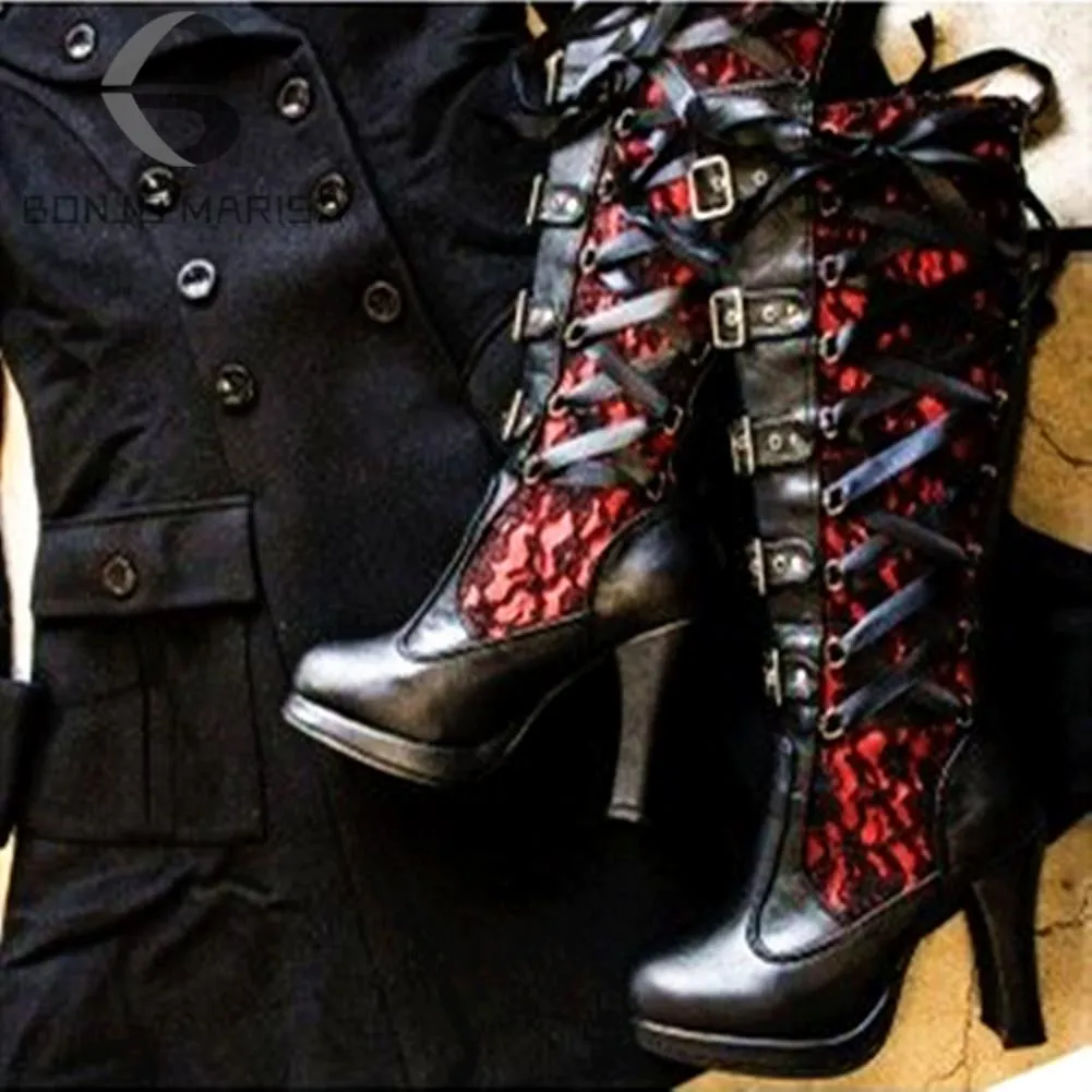 Lace Up Chunky High Heel Boots