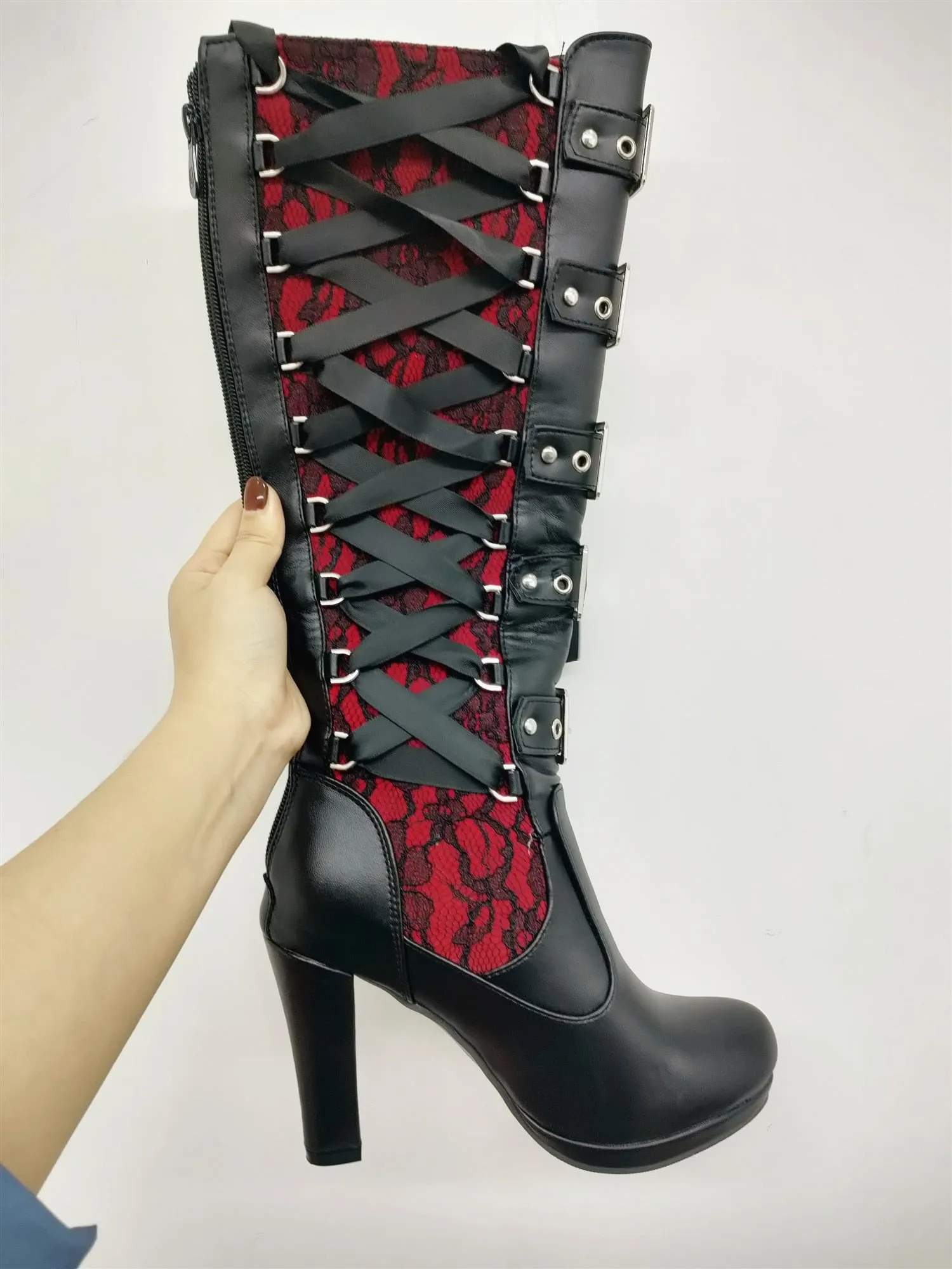 Lace Up Chunky High Heel Boots