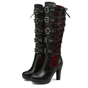 Lace Up Chunky High Heel Boots