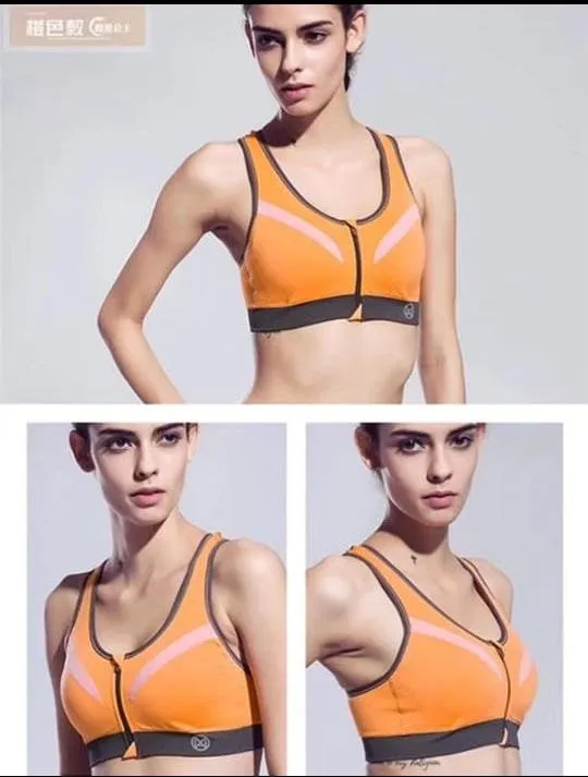 Ladies Gym Bra - Sports Bra - Orange Zipper Sports Bra - Padded Sports Bra