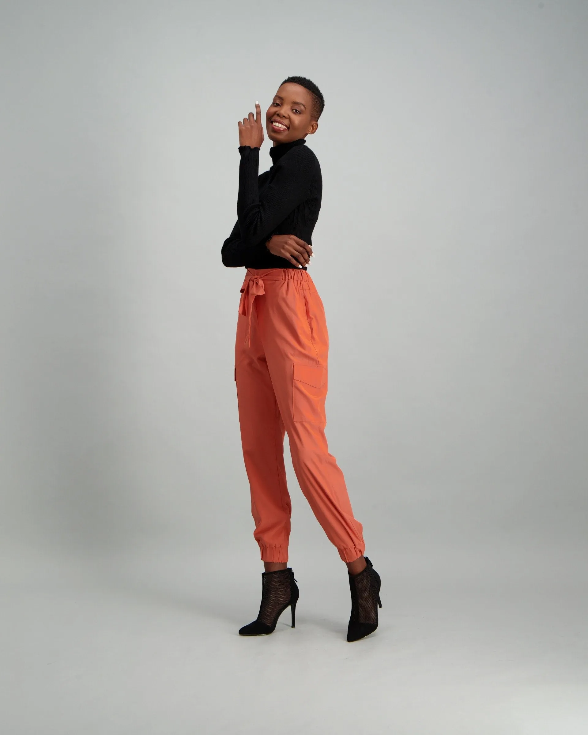 Ladies Polo Neck with Rouged Waist Crop Top - Black