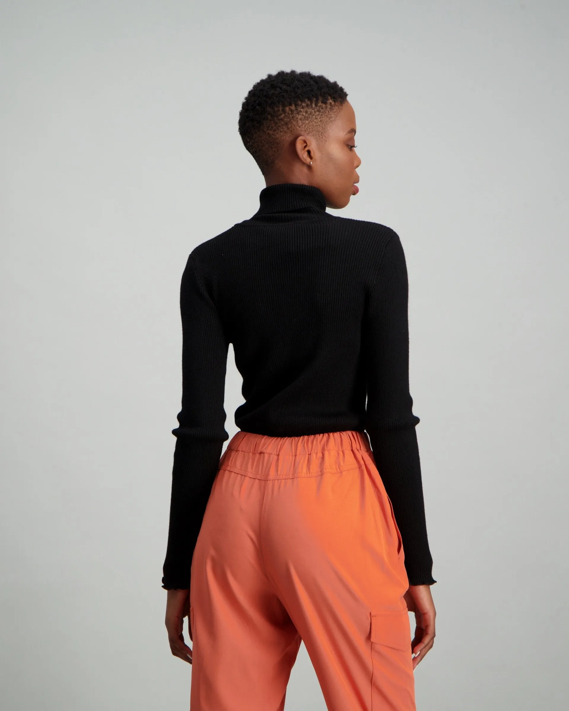 Ladies Polo Neck with Rouged Waist Crop Top - Black