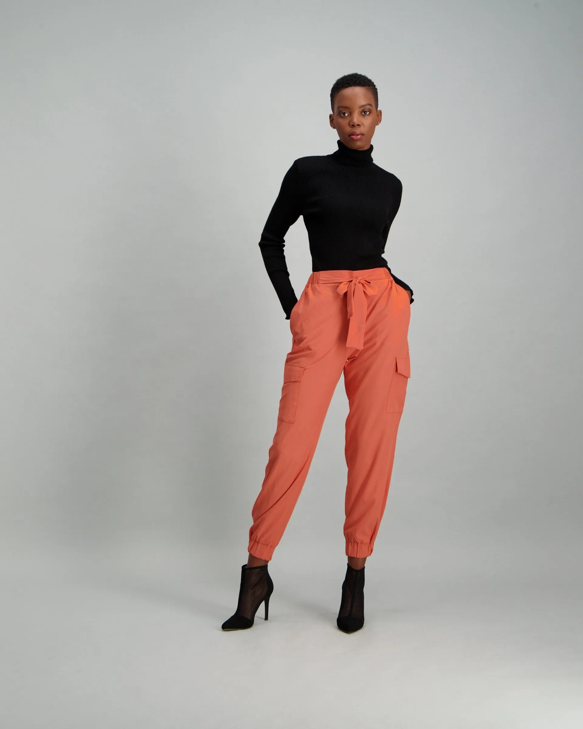 Ladies Polo Neck with Rouged Waist Crop Top - Black