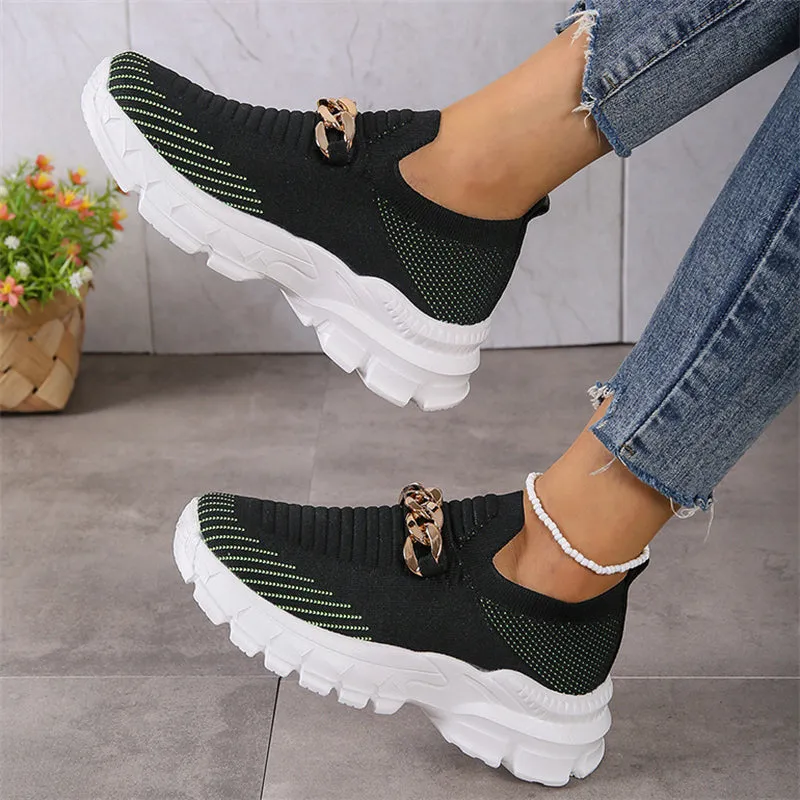 Ladies Relaxed Thick-soled Metal Chain Walking Shoes