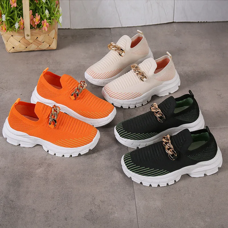 Ladies Relaxed Thick-soled Metal Chain Walking Shoes