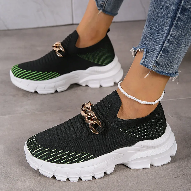 Ladies Relaxed Thick-soled Metal Chain Walking Shoes
