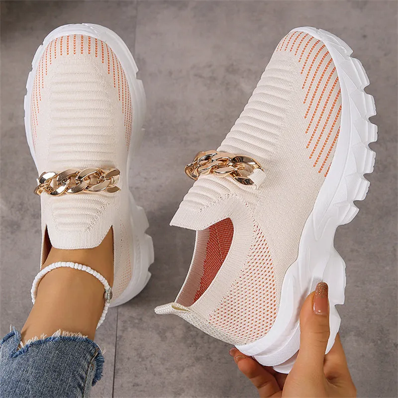 Ladies Relaxed Thick-soled Metal Chain Walking Shoes