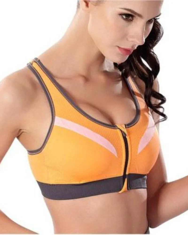 Ladies Running Bra - Sports Bra - Orange Zipper Sports Bra - Padded Sports Bra