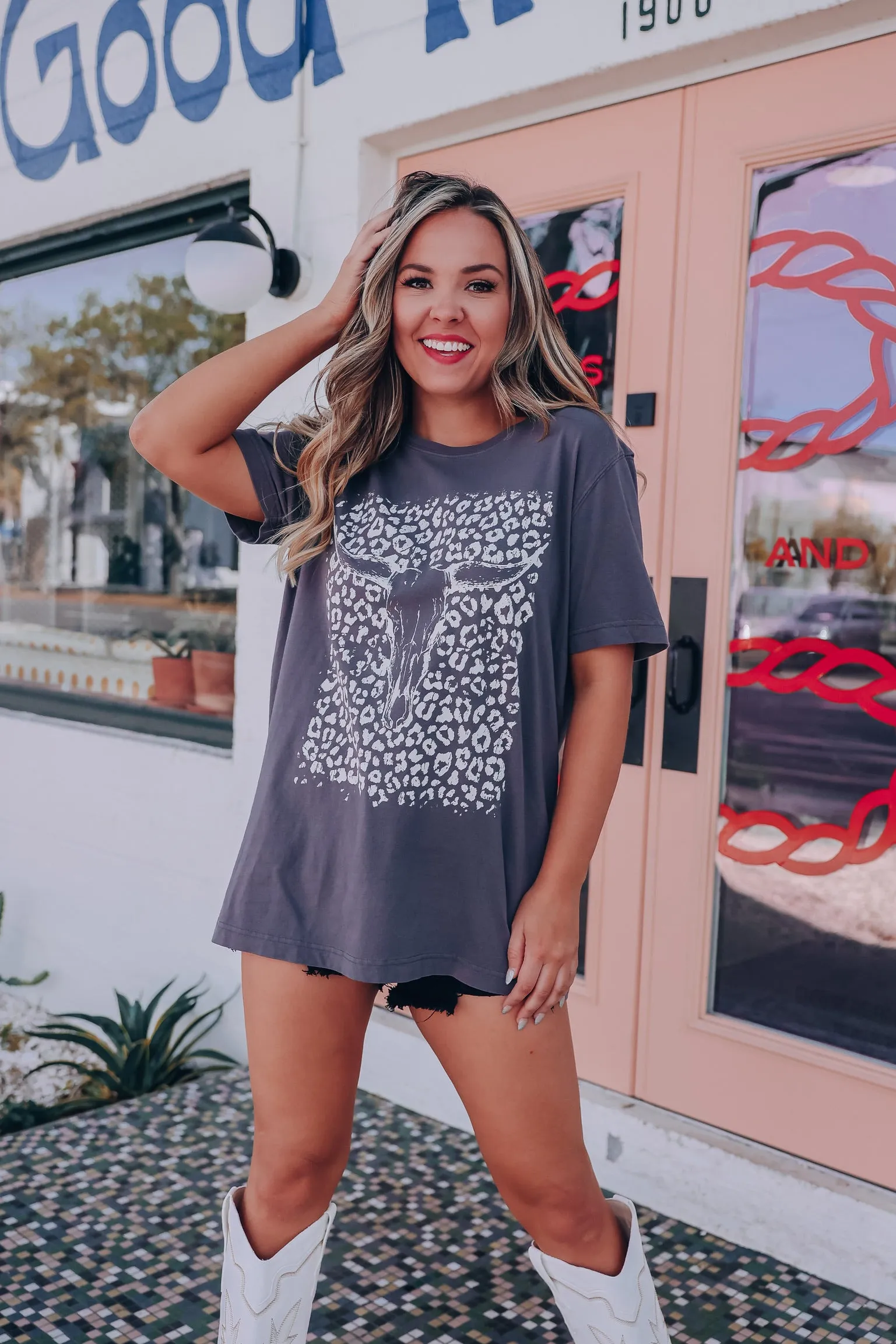 Leopard Bull Skull Graphic Tee - Charcoal