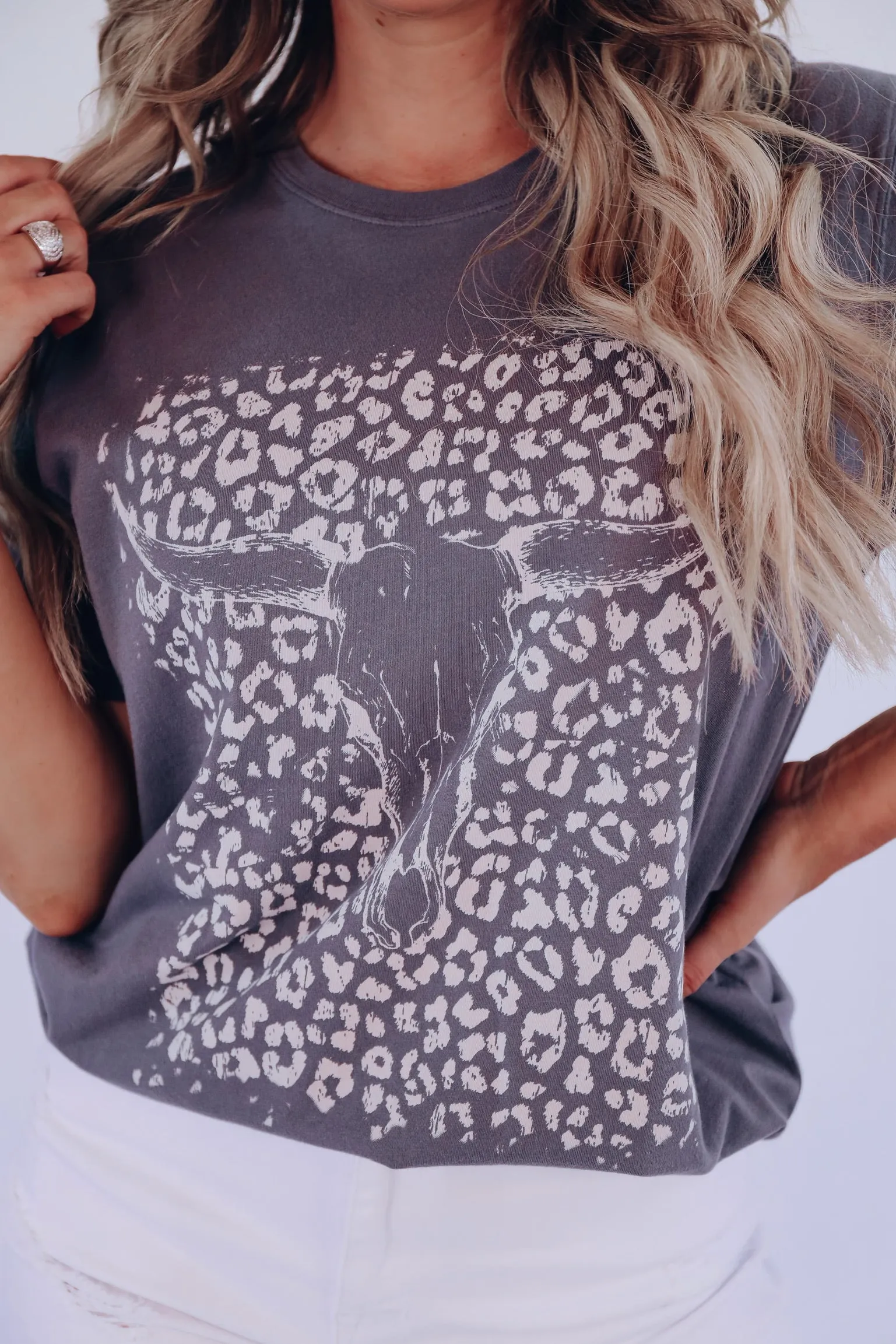 Leopard Bull Skull Graphic Tee - Charcoal