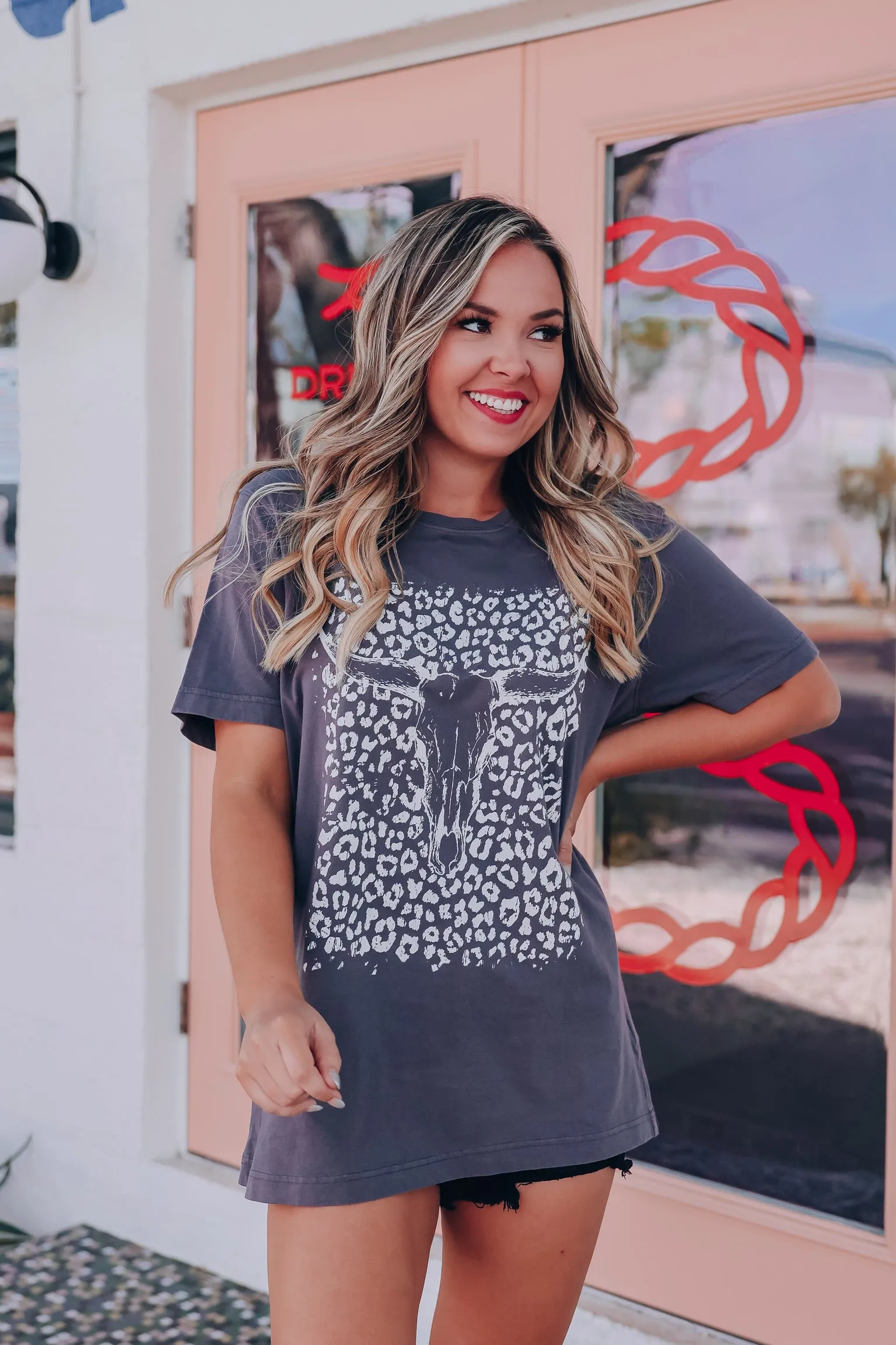 Leopard Bull Skull Graphic Tee - Charcoal