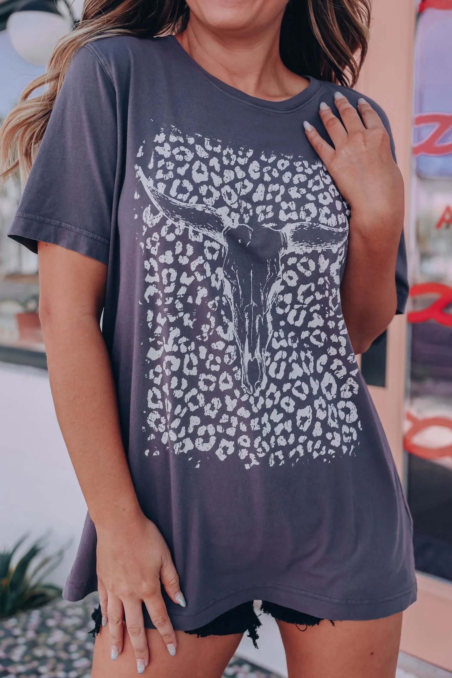 Leopard Bull Skull Graphic Tee - Charcoal