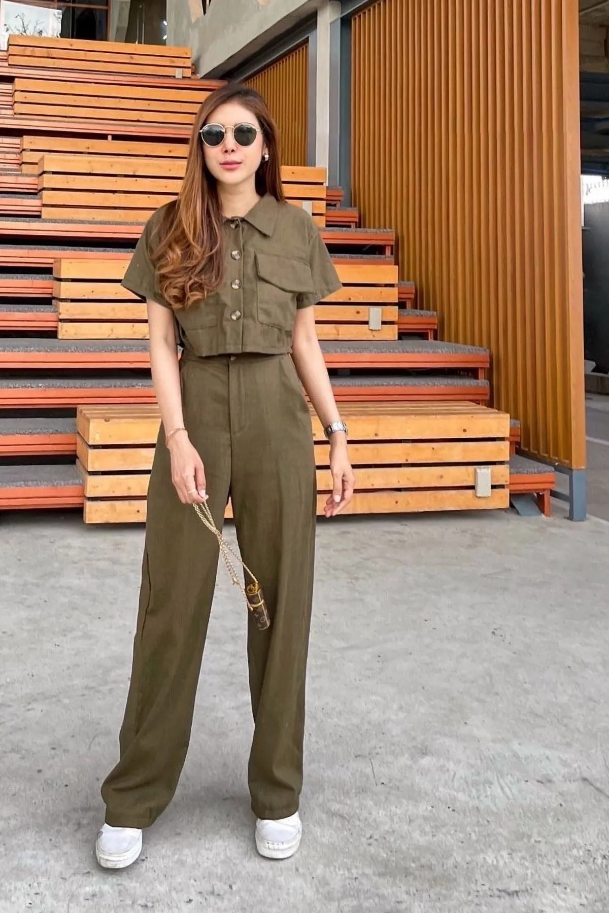 LILLIAN Linen Button-down Top & Pants Co-ord (Olive Green)