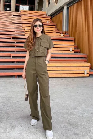 LILLIAN Linen Button-down Top & Pants Co-ord (Olive Green)