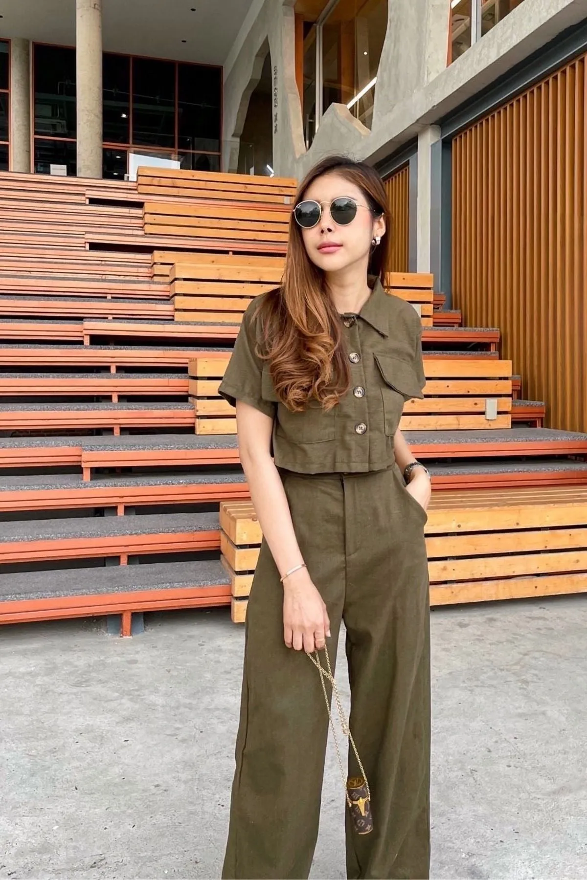 LILLIAN Linen Button-down Top & Pants Co-ord (Olive Green)
