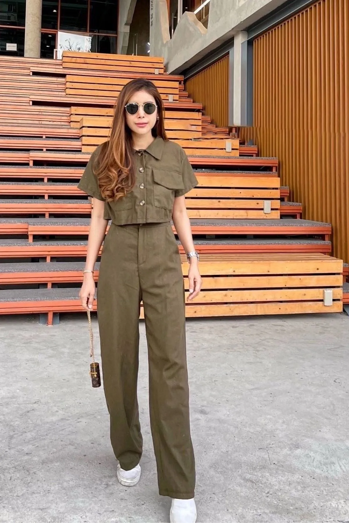LILLIAN Linen Button-down Top & Pants Co-ord (Olive Green)