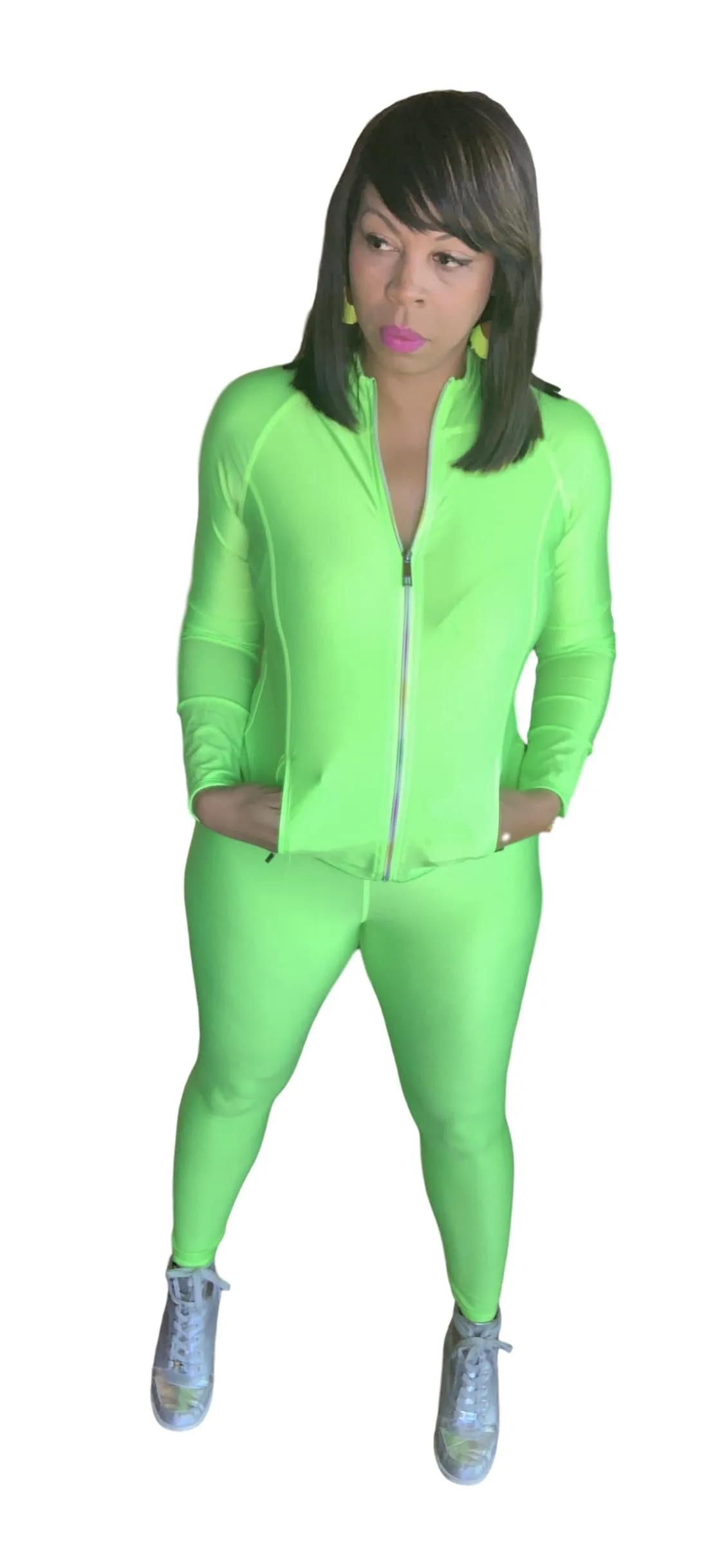 Lime Solid Zip Up Jacket & Leggings Set