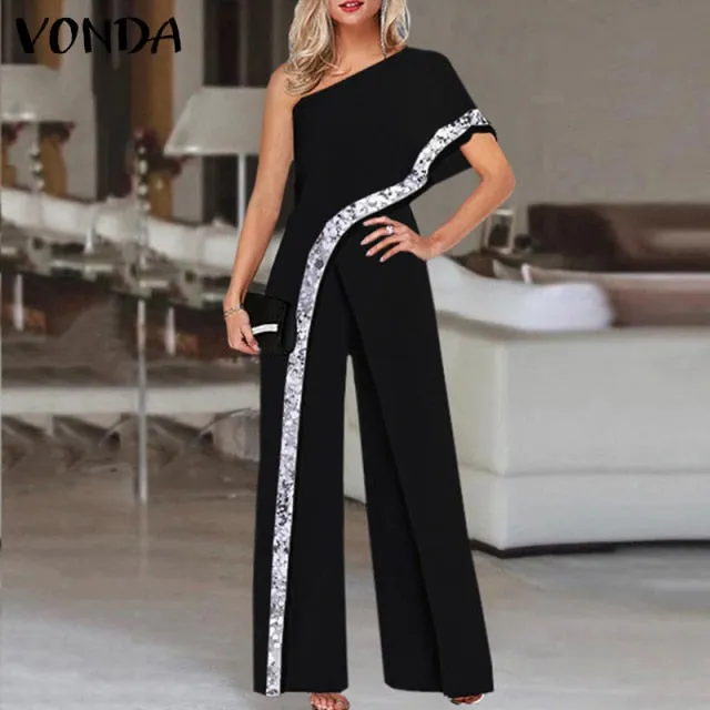 Loose Solid One Shoulder Jumpsuits