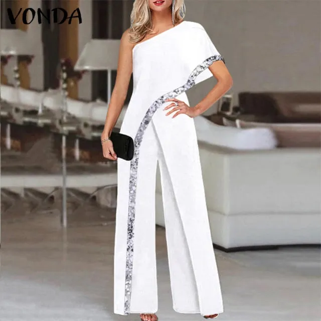 Loose Solid One Shoulder Jumpsuits