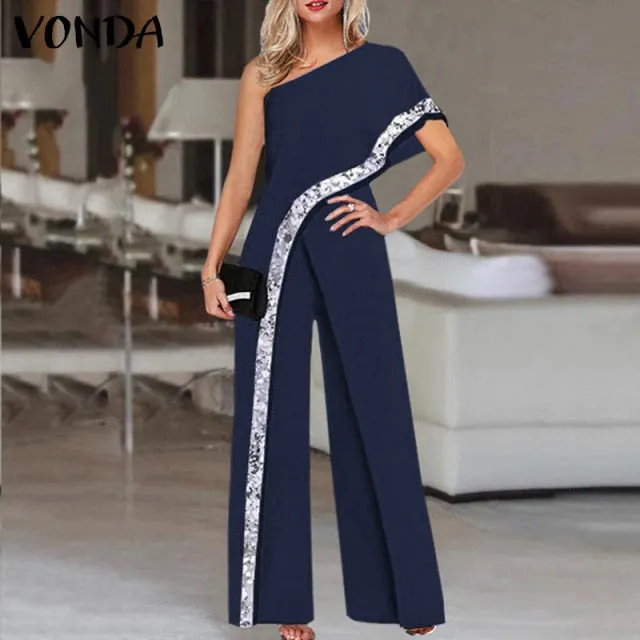 Loose Solid One Shoulder Jumpsuits
