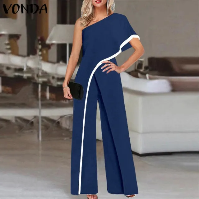 Loose Solid One Shoulder Jumpsuits