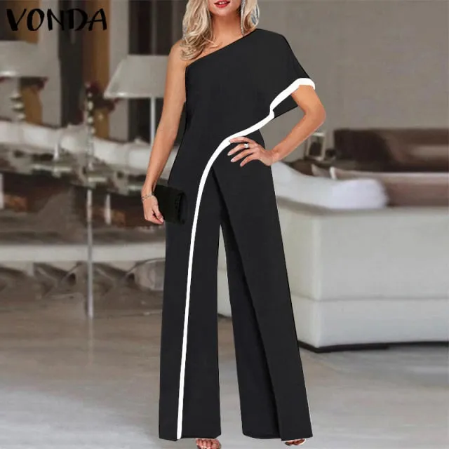 Loose Solid One Shoulder Jumpsuits