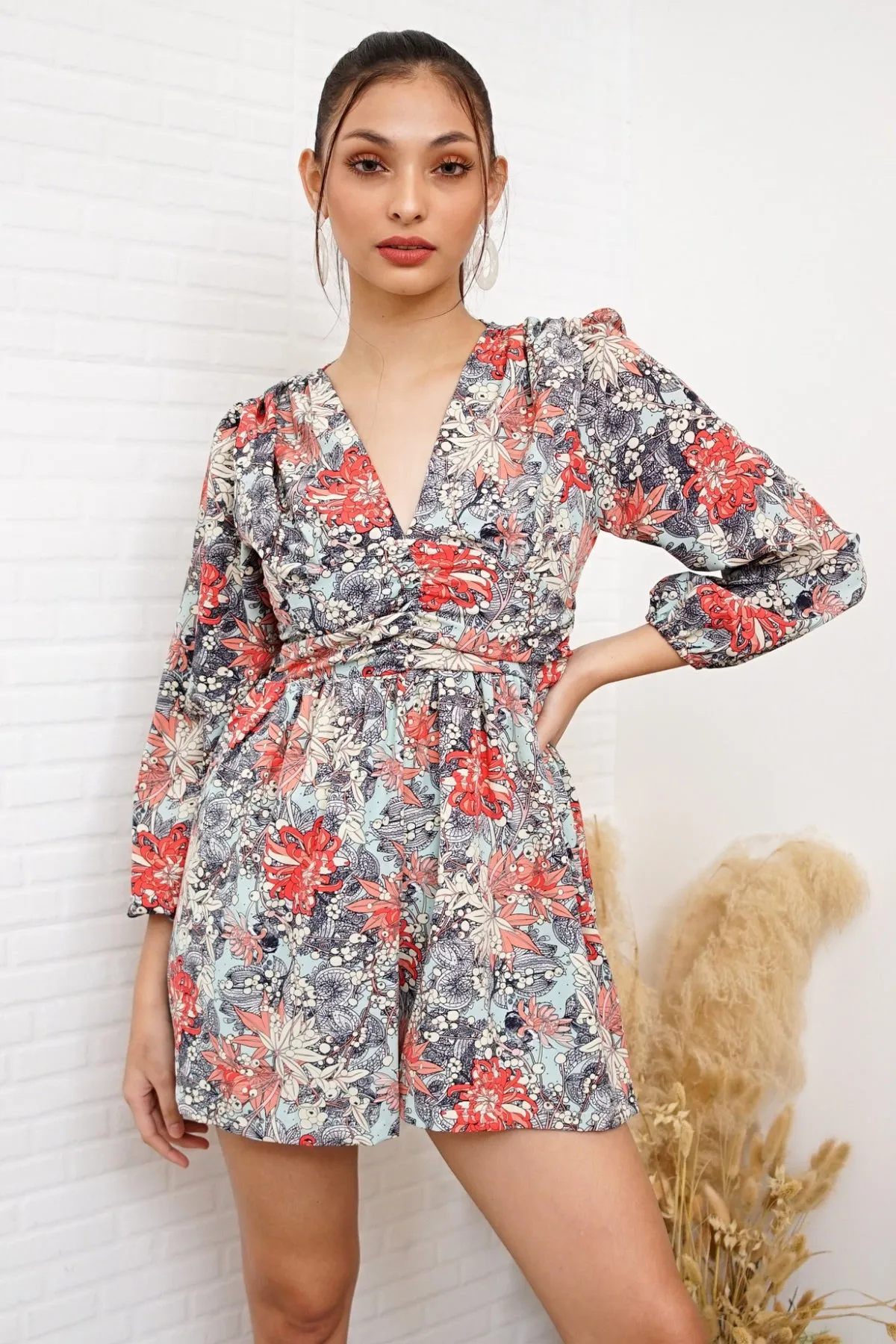 LORELEI Puff-Sleeve V-Neck Romper