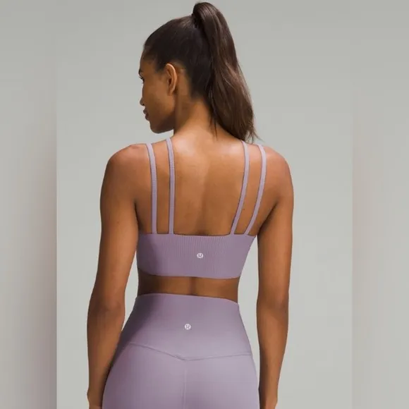 Lululemon Cloud Strappy Longline Mauve Ribbed Sports Bra Athletic Athleisure 4