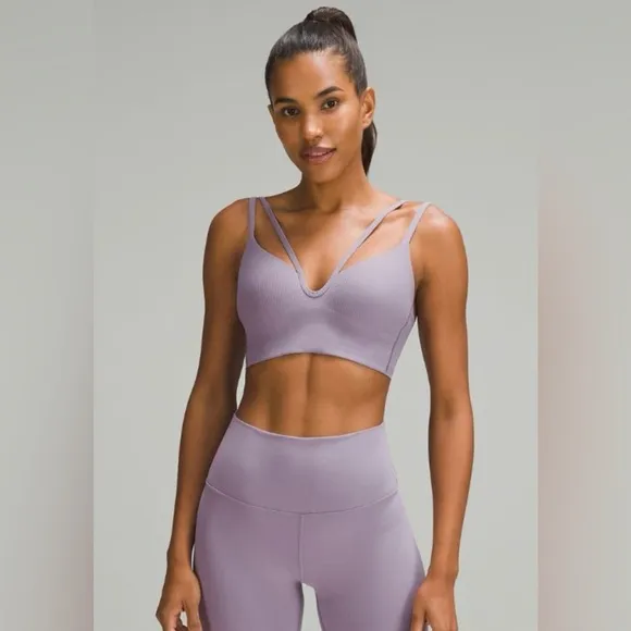 Lululemon Cloud Strappy Longline Mauve Ribbed Sports Bra Athletic Athleisure 4