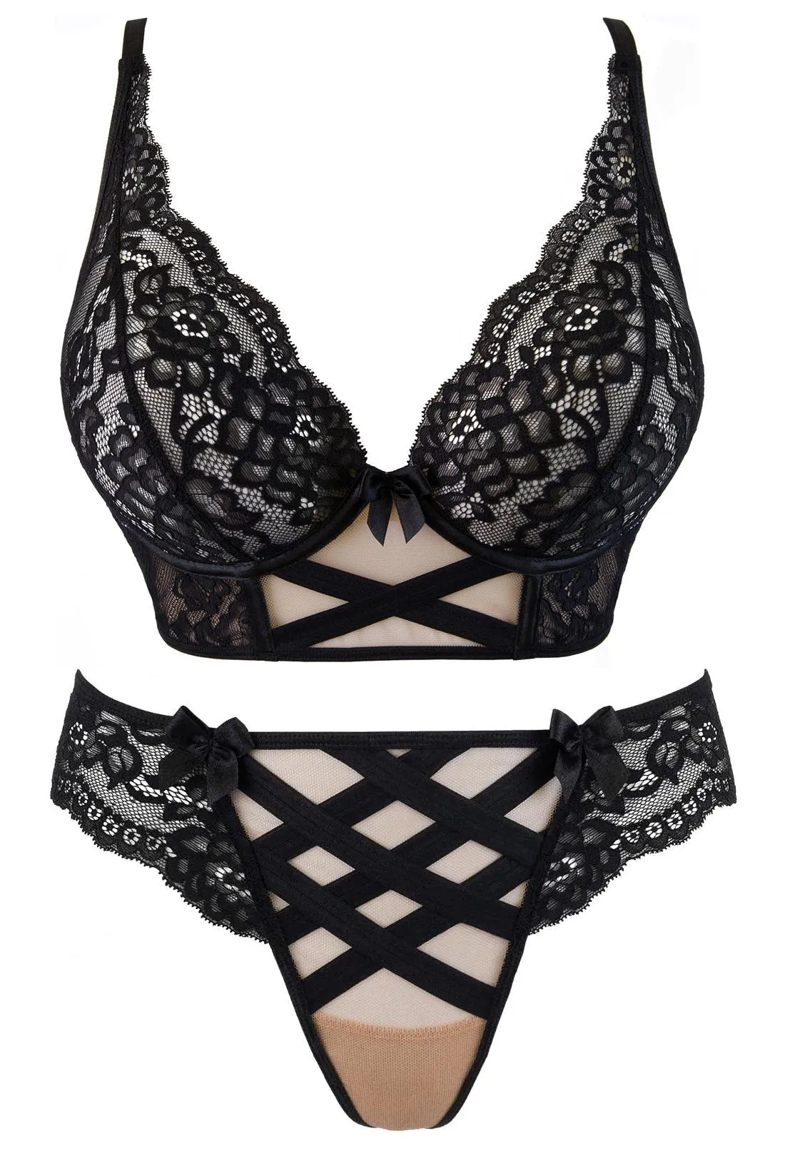 Luxury Women's Black Lace Longline Bra Set