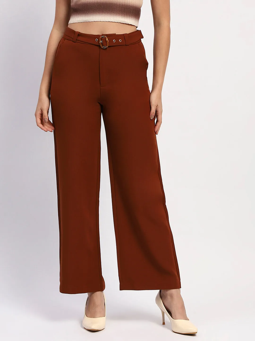 Madame Belted Straight Fit Solid Rust Trousers