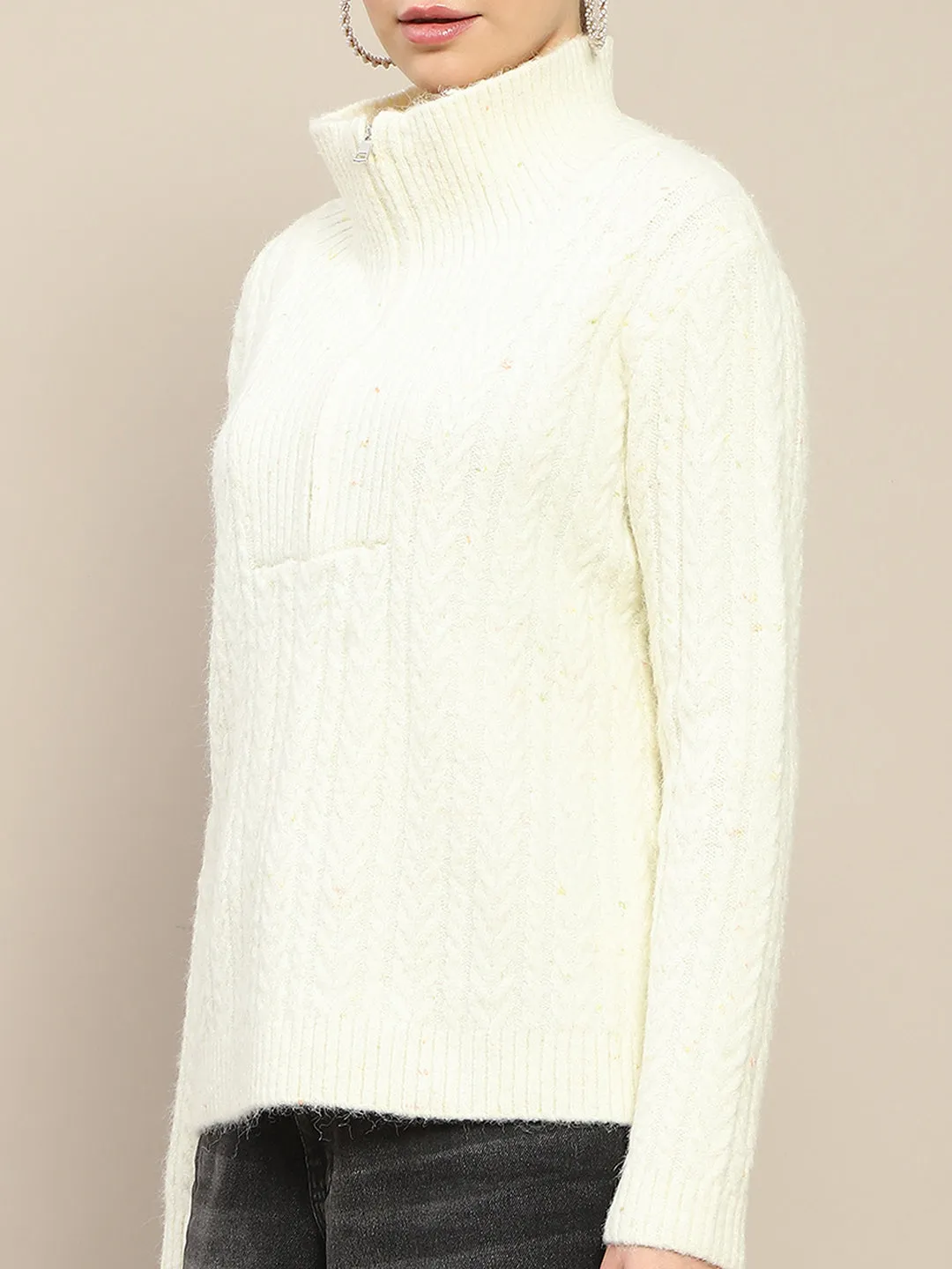 Madame Half Zipper Collared Off White Sweater