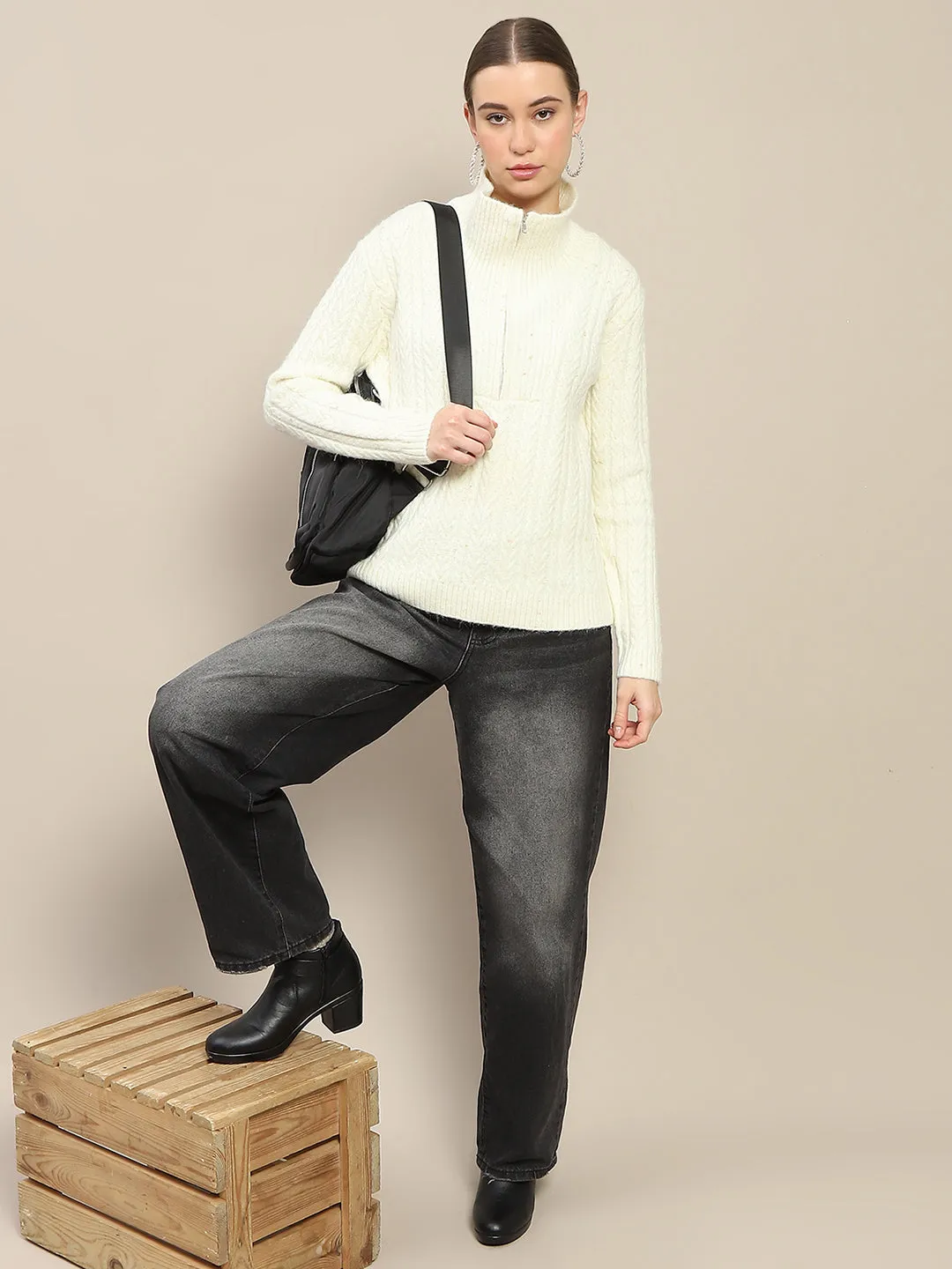 Madame Half Zipper Collared Off White Sweater