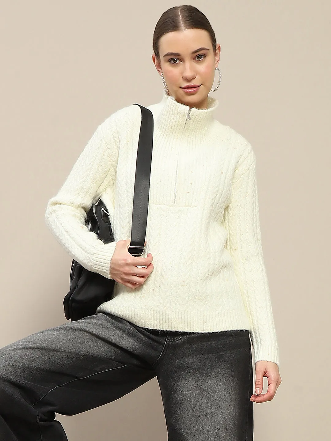 Madame Half Zipper Collared Off White Sweater