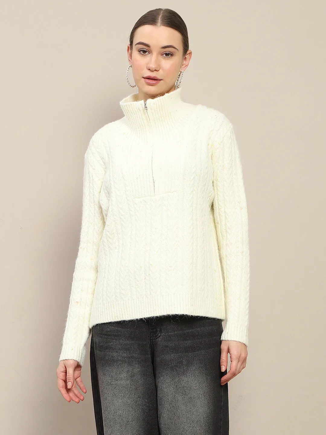 Madame Half Zipper Collared Off White Sweater