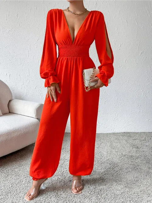 Margaux Plunge Smocked Flounce Sleeve Jumpsuit