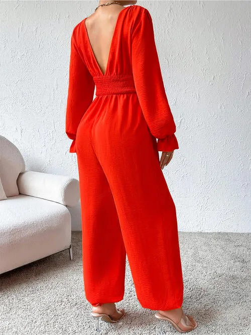 Margaux Plunge Smocked Flounce Sleeve Jumpsuit