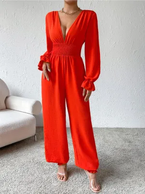 Margaux Plunge Smocked Flounce Sleeve Jumpsuit