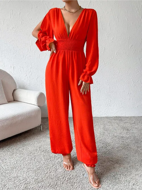 Margaux Plunge Smocked Flounce Sleeve Jumpsuit