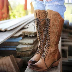 Medium thick heel 40-43 lace mid-tube boots