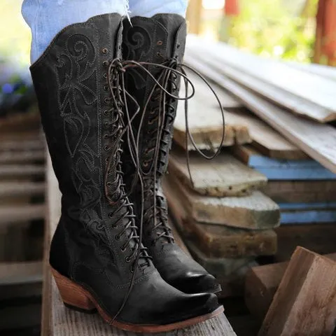Medium thick heel 40-43 lace mid-tube boots