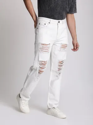 Men White Heavy Distress Relaxed Jeans