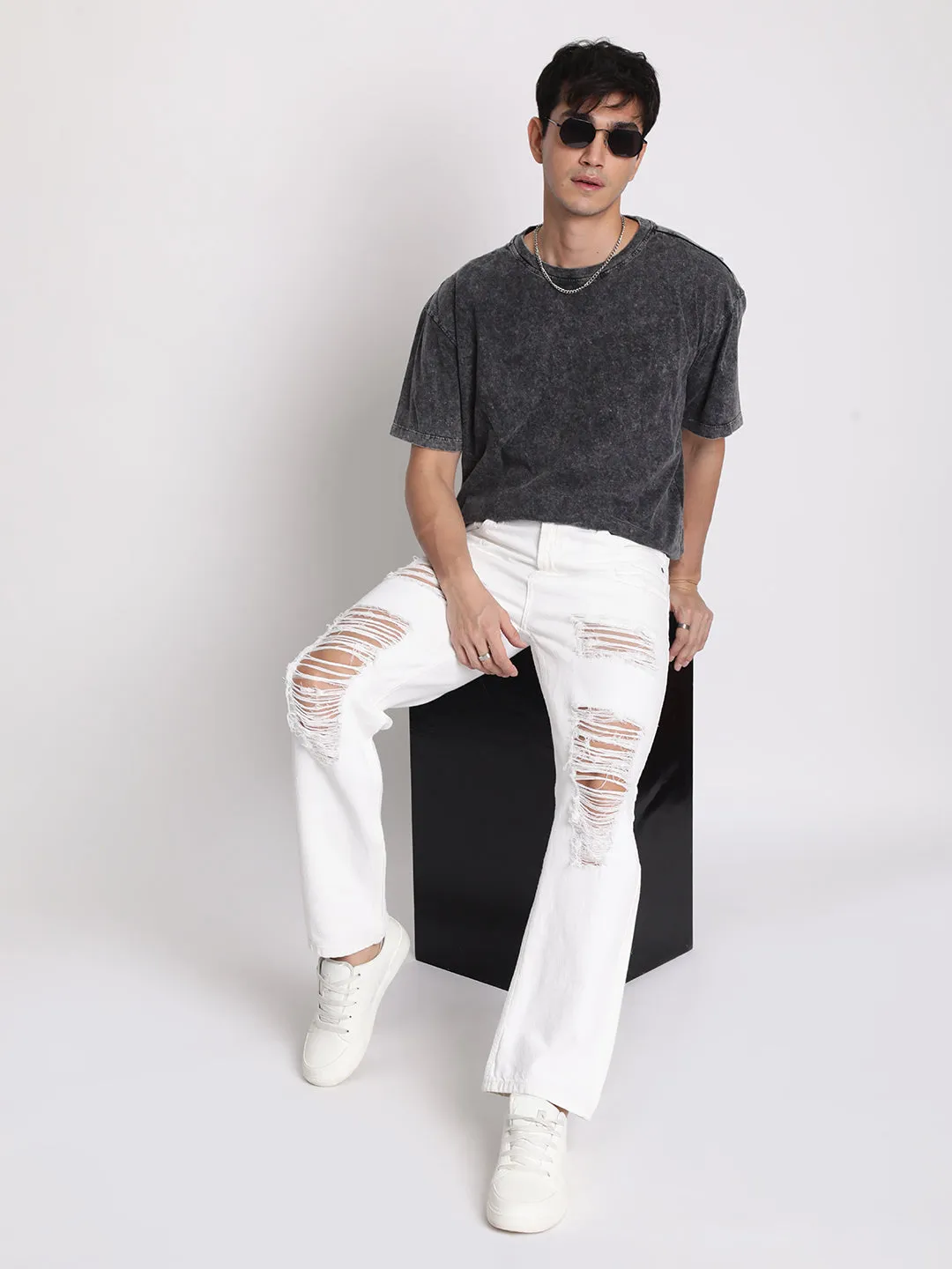 Men White Heavy Distress Relaxed Jeans