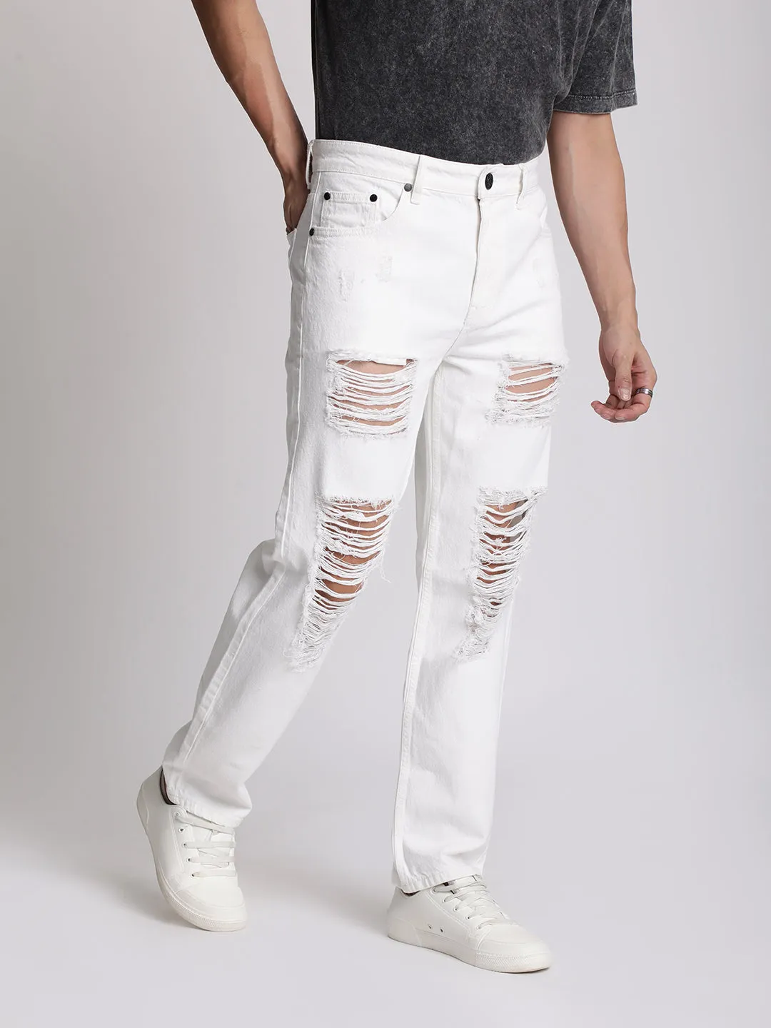 Men White Heavy Distress Relaxed Jeans